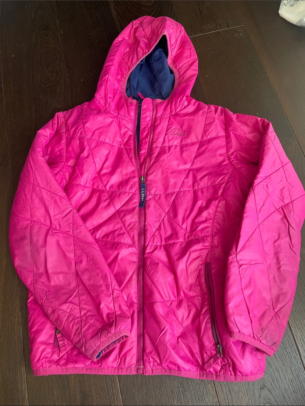 L.L. Bean Girls' Hooded lightweight Puffer Jacket - Hot Pink with Navy Lining